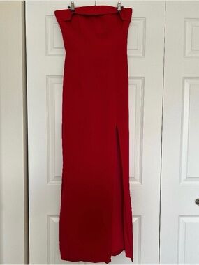 Xscape Red Strapless Slit Gown